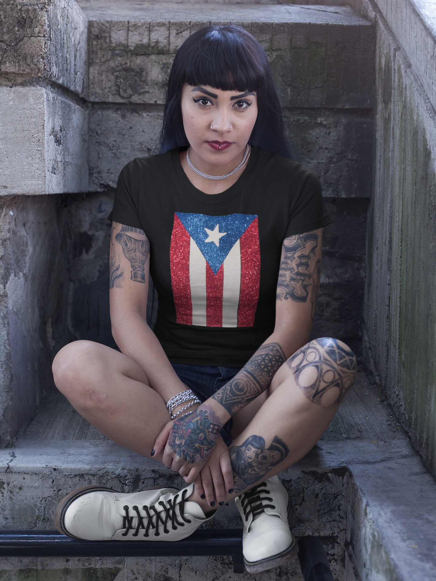 Puerto Rican Flag Shirt made with glitter vinyl. - Drop Top Teez